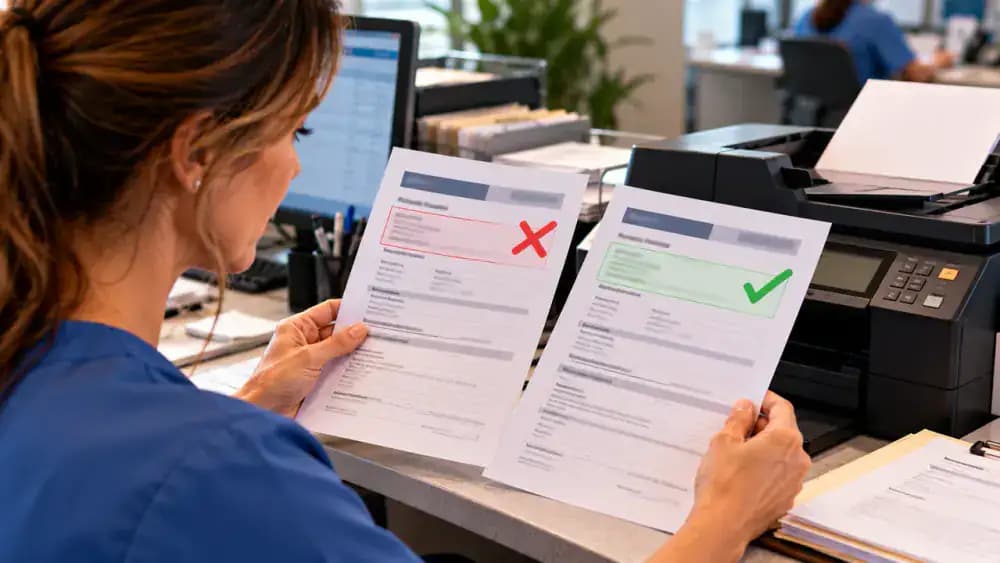 Fictional referral coordinator comparing a sample transmission record with a specialist's verified receiving number, correcting the destination, and logging a resubmission with receipt still unconfirmed.