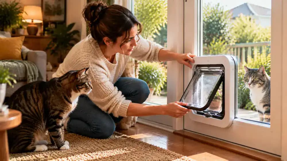 An owner inspects a pet flap after a cat hesitates, checking a loose fitting and looking toward a neighboring cat outside the window.