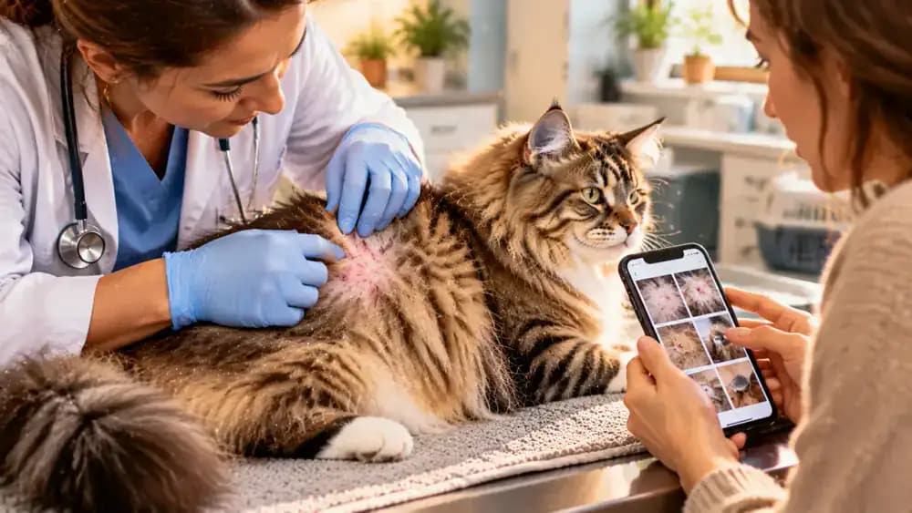 Veterinarian gently parting a long-haired cat's fur to examine an area of irritated skin while the owner references a coat-care log.