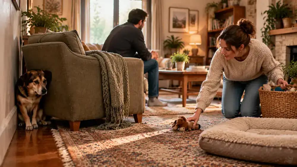 Newly adopted dog sheltering behind a chair while a family member turns away and the owner gives it space before recording the situation in a behavior journal.
