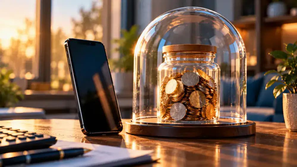 Glass jar containing coins beside a smartphone, positioned outside a protective dome representing federal deposit insurance.
