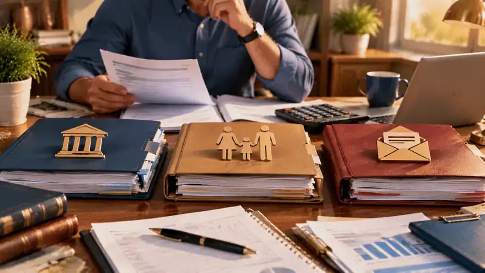 Tax documents, family support paperwork, and government correspondence arranged in separate folders.