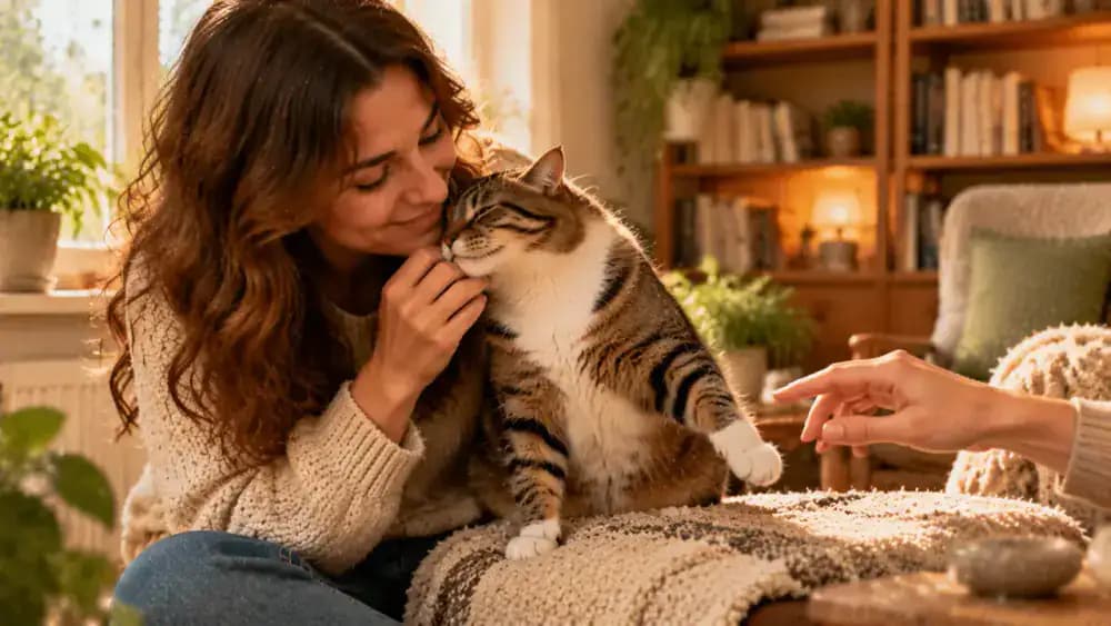 A cat leaning into a cheek rub before turning away when its owner moves a hand toward a front paw, with the owner respecting the choice and offering a treat.