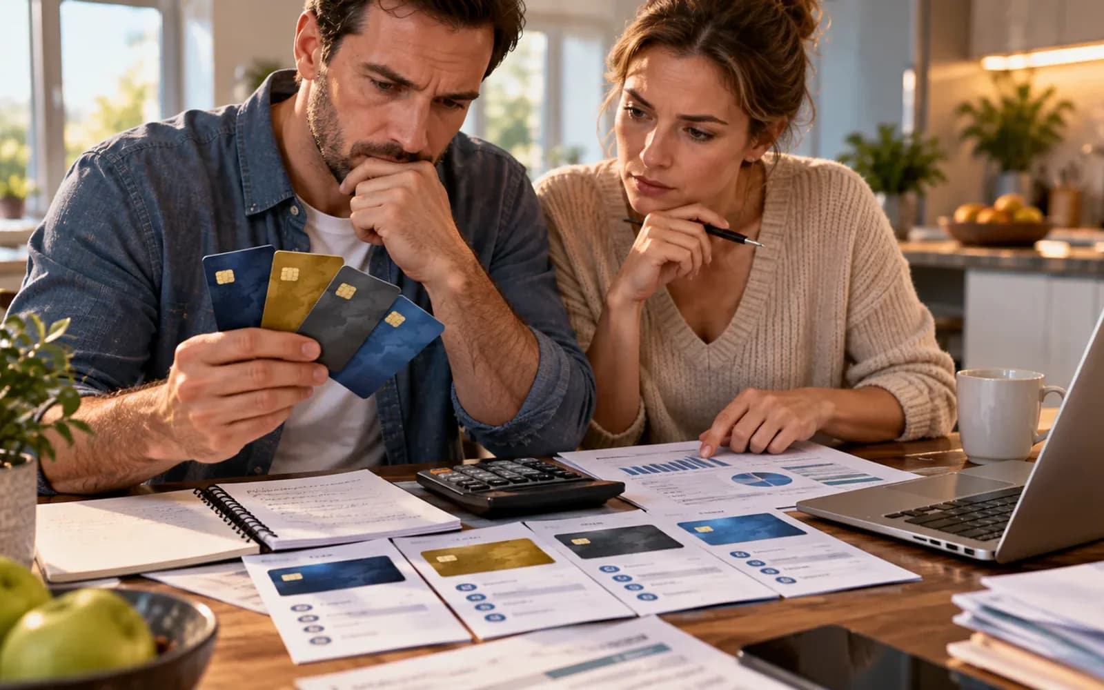 Consumer comparing several new credit card offers cautiously
