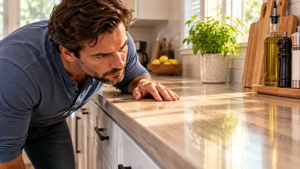 Adult homeowner inspecting a dry laminate kitchen countertop with a side light and checking a seam for residue or moisture