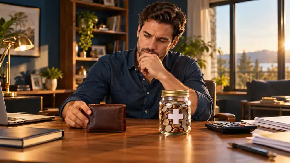 Adult comparing a wallet with a healthcare savings jar while reviewing medical expenses.