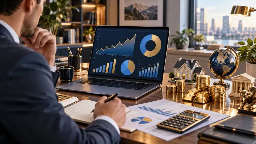 Laptop displaying an abstract digital investment portfolio beside miniature investment asset models.