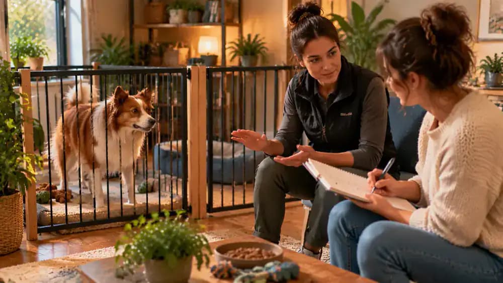 Qualified dog trainer observing a dog from a comfortable distance while the owner discusses recent barking patterns and shares training notes, with the dog resting behind a secure barrier.