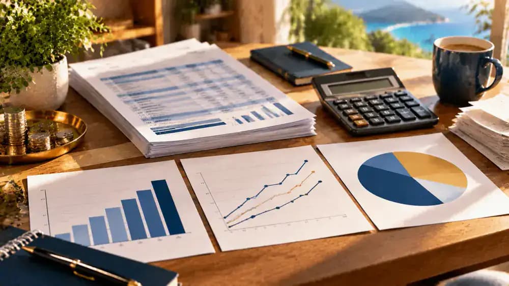 Three financial charts beside a calculator and annual expense statements.
