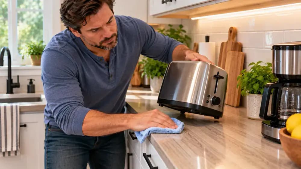 Adult homeowner wiping the bottom of a toaster and checking a small tray before placing clean items on a dry kitchen laminate counter