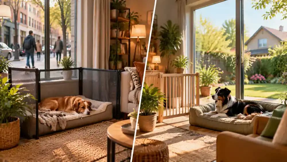 Split view of an apartment overlooking a busy sidewalk and a house facing a yard, with each owner creating a screened window area and a separate comfortable resting spot for the dog.