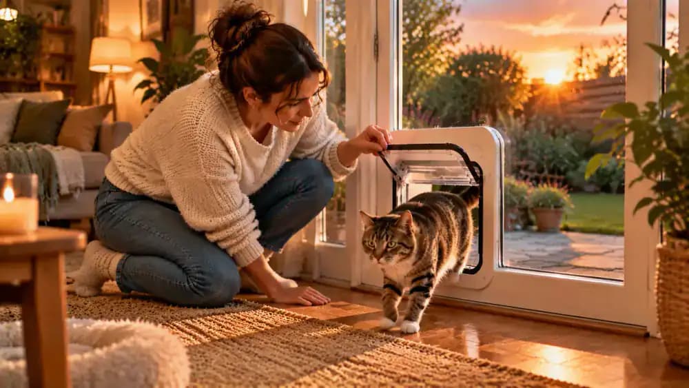 A cat uses a pet flap naturally during the day while its owner checks the frame, hinges, and closing panel during routine maintenance.