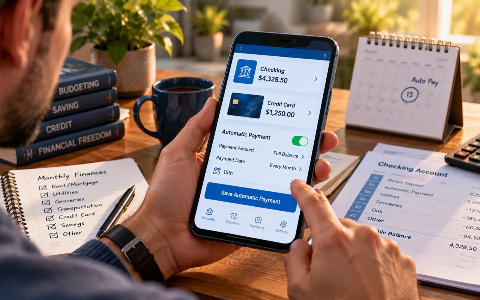 Automatic credit card payment scheduled through a banking application