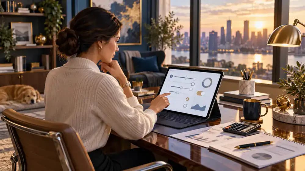 Investor completing a digital financial questionnaire with sliders, graphical controls, and financial planning symbols.