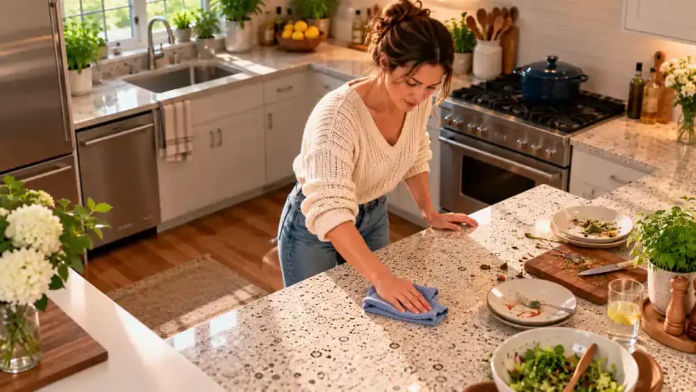 Homeowner cleaning a light gray engineered quartz countertop after dinner by clearing dishes, removing breadcrumbs with microfiber, wiping food smudges with mild soapy water, rinsing with a separate damp cloth, and drying the surface.