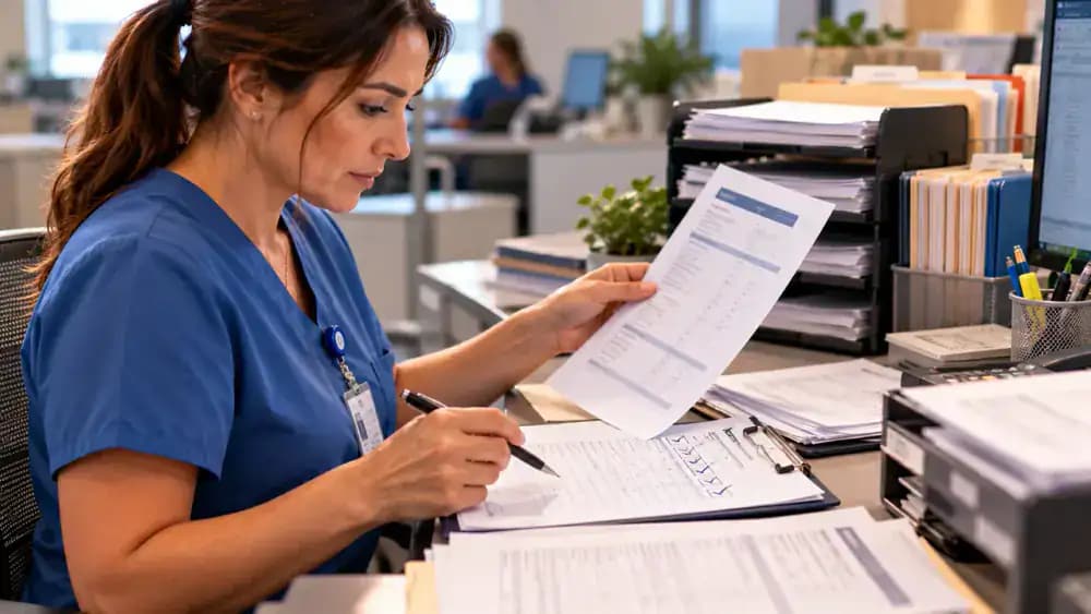 Fictional specialist intake employee checking a resent referral in an incoming document queue and updating separate tracking fields for receipt confirmed, paperwork incomplete, and scheduling pending.