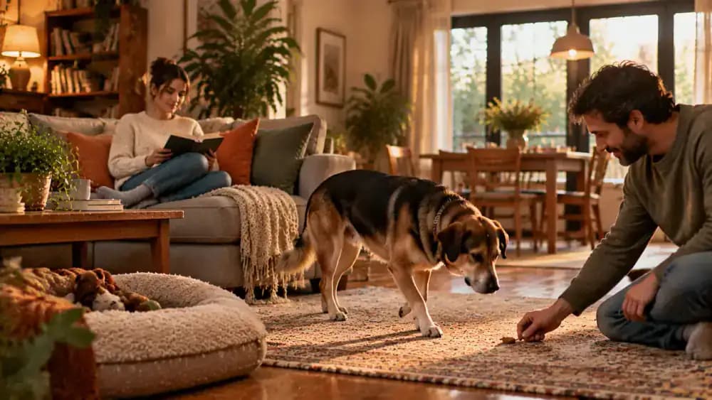 Newly adopted dog relaxing on a rug while a family member reads nearby, followed by the dog voluntarily walking past another person to accept a treat on the floor.