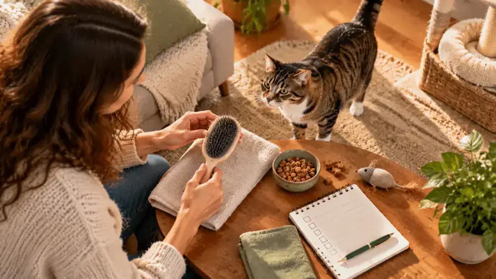 An owner arranging a soft brush, several cat treats, and a checklist with one simple practice goal on a side table as a curious cat approaches freely.