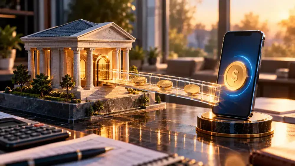 Miniature bank connected to a smartphone by a transparent bridge, representing potential pass-through deposit insurance arrangements.