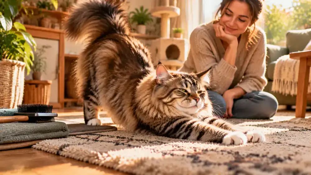 Long-haired cat stepping onto a soft rug after grooming, stretching and settling comfortably while its owner observes from a short distance.