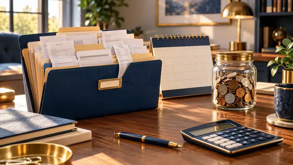 Organized medical receipts stored in a folder beside a calendar and healthcare savings jar.