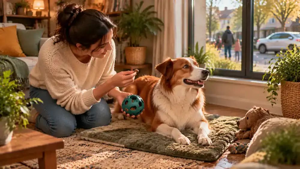 Owner sitting beside a relaxed dog on a training mat, rewarding a calm glance away from the window before starting a gentle enrichment activity.