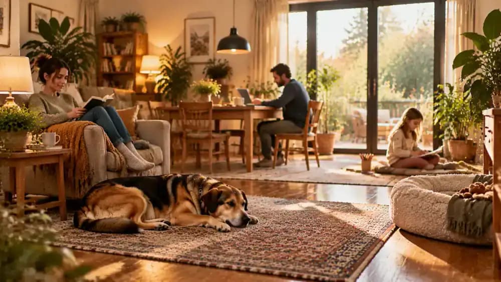 Family enjoying a peaceful evening in a sunlit living room while their adopted dog rests nearby with relaxed body language and an unobstructed path to its bed.