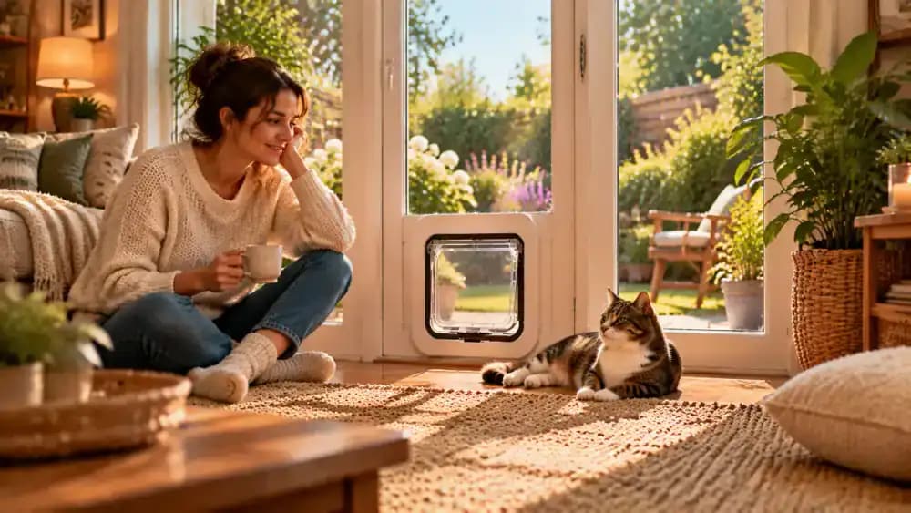A relaxed cat rests beside its owner after independently passing through a secure pet flap into a comfortable indoor room.
