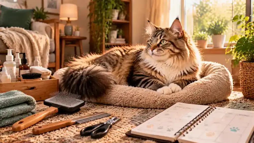 Owner checking a grooming calendar and preparing clean tools before gently tending to a long-haired cat resting comfortably on a favorite cushion in natural light.