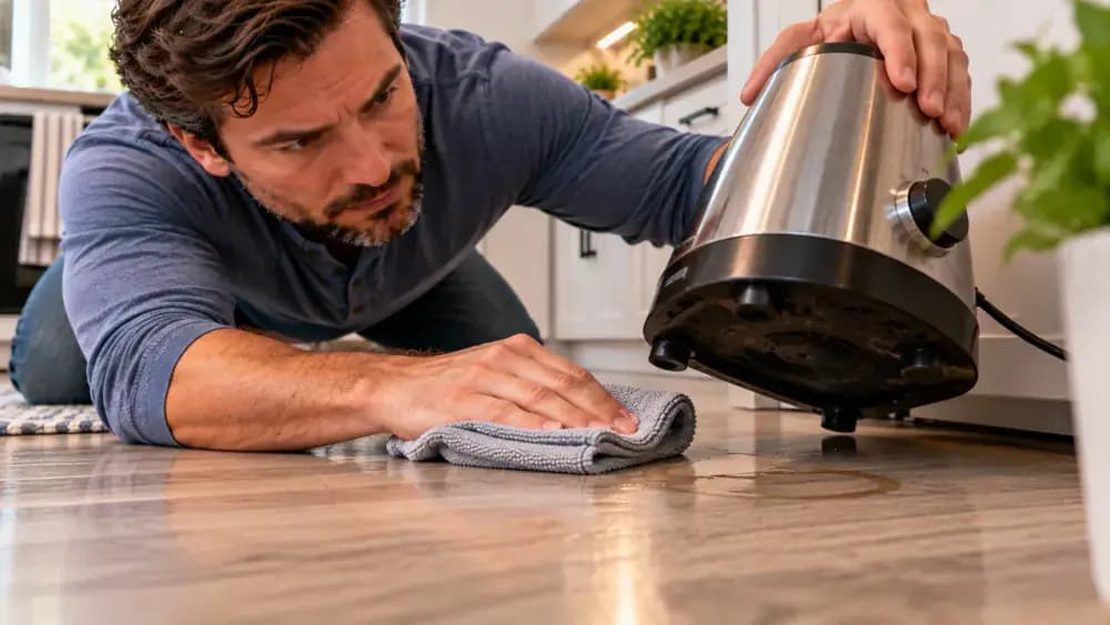 Adult homeowner drying a damp ring beneath a small countertop appliance and checking moisture near a backsplash joint on a laminate counter