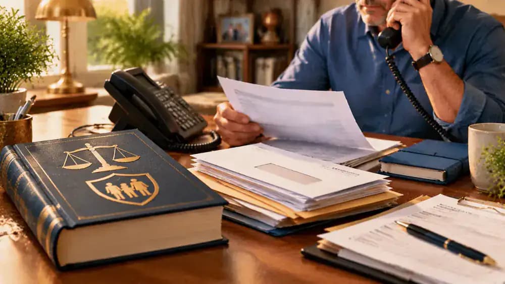 Consumer protection reference book beside a telephone and organized collection correspondence.
