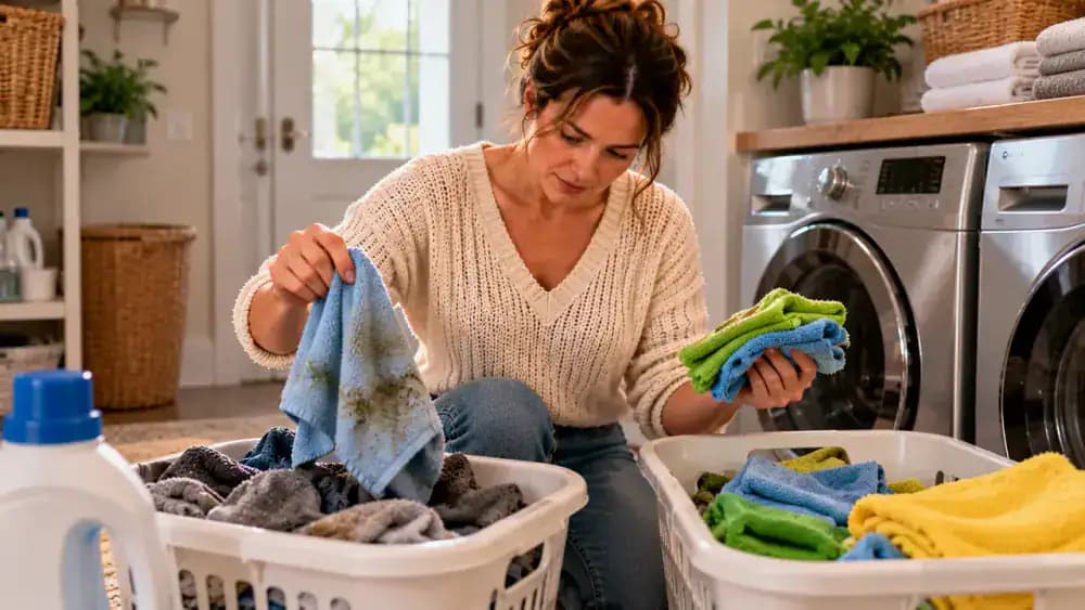 Homeowner sorting greasy and damp microfiber cleaning cloths in a laundry area, checking fabric care labels, loading a washing machine, and arranging washed cloths on a drying rack before storing them near the quartz countertop.