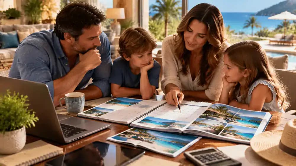 Family comparing a resort calendar with a seasonal vacation planner.