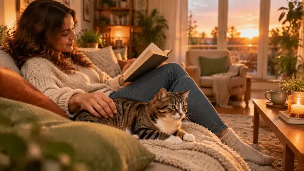 A cat voluntarily settling beside its owner in a peaceful living room at sunset while the owner offers an open hand and waits for the cat to choose whether to approach.