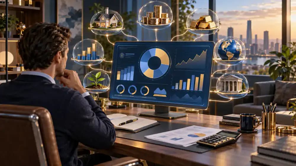 Digital investment dashboard connected to distinct clusters representing stocks, bonds, and international investments.
