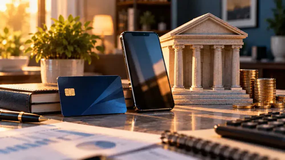 Unbranded payment card beside a smartphone and miniature bank, illustrating optional financial services that may affect deposit coverage.