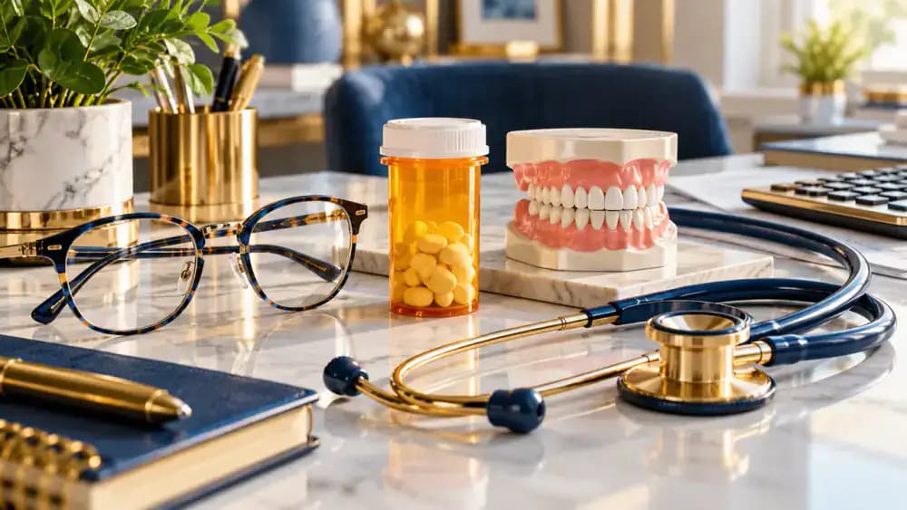 Eyeglasses, prescription medication, dental model, and stethoscope representing eligible medical expenses.