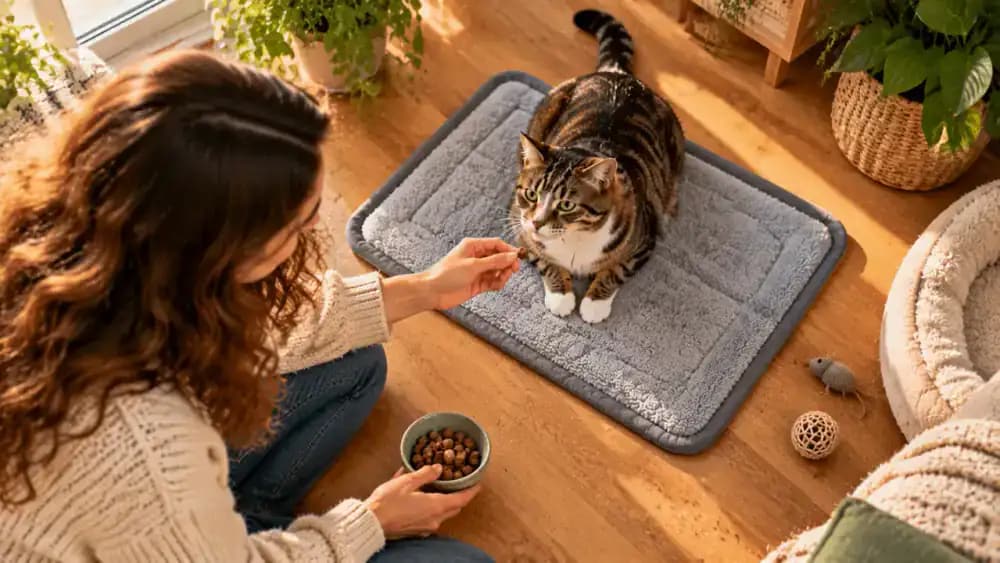 A cat stepping onto a washable mat on the floor to receive a treat, then standing and settling comfortably on the mat as its owner rewards each voluntary choice.