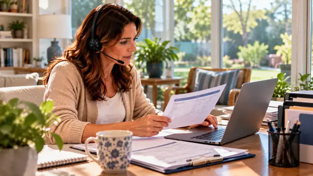 Patient in a sunroom recording a fictional missing-form follow-up, checking submission details with the referring office, and confirming receipt with the specialist's intake department in a tracking application.