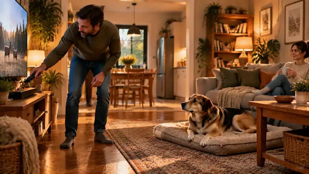 Newly adopted dog resting on a living room mat while a family member keeps the television volume low and another adult uses a kitchen appliance nearby, with a clear path to the dog's quiet retreat.