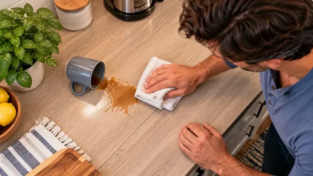 Adult homeowner blotting a small drink spill on a clean laminate countertop with a dry towel while keeping the nearby seam dry