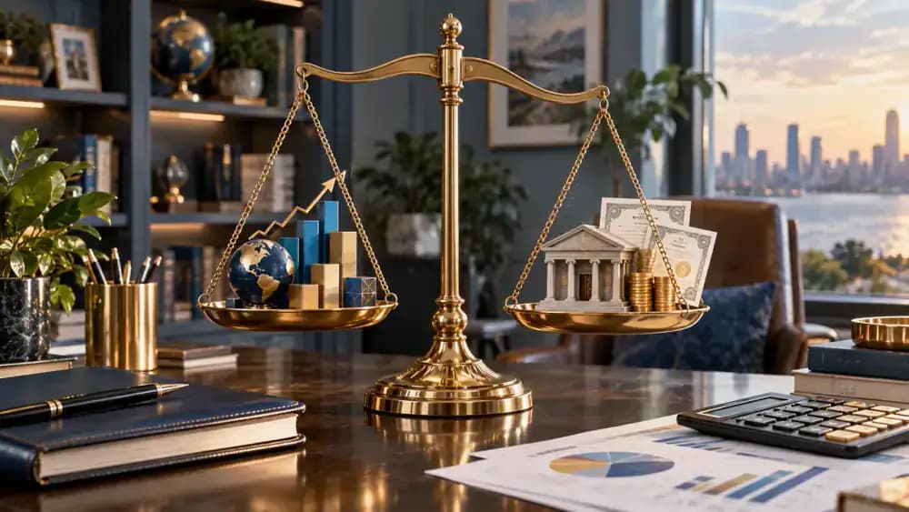 Precision balance scale holding stock and bond investments as automated mechanisms restore their intended proportions.