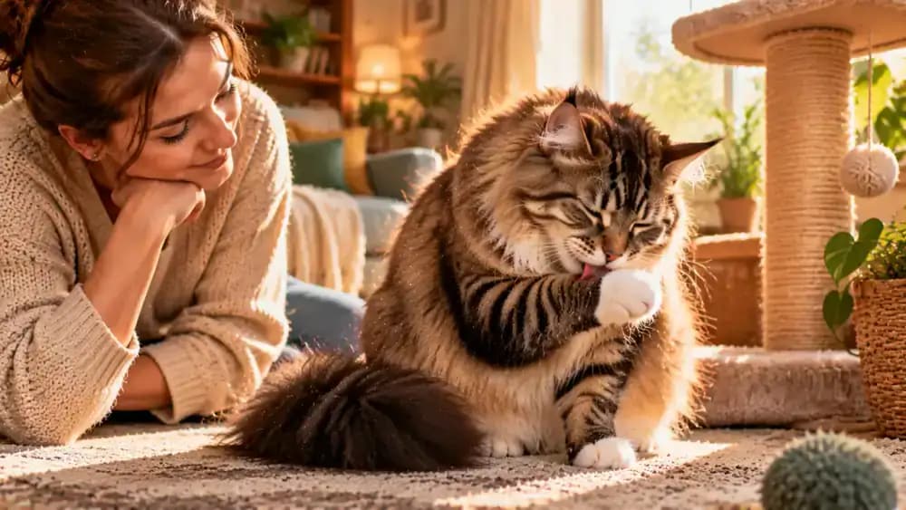 Long-haired cat repeatedly licking a foreleg and scratching behind its ear while its owner observes without restraining it and records the behavior in a notebook.