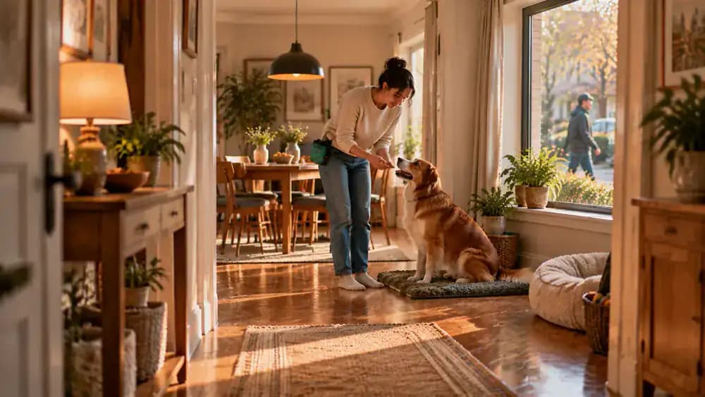 Owner practicing a calm check-in with a dog in the hallway before moving to a dining room window, where the dog turns away from outdoor movement to receive a reward.