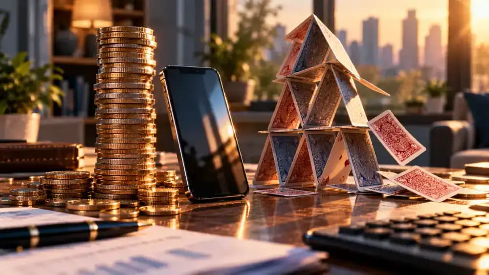 Tall stack of coins beside a smartphone and an unstable house of cards, representing risks associated with large payment app balances.