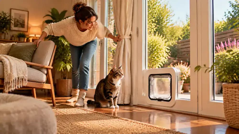 An owner moves a chair away from a pet flap and secures a loose curtain as a cat approaches the newly cleared doorway.