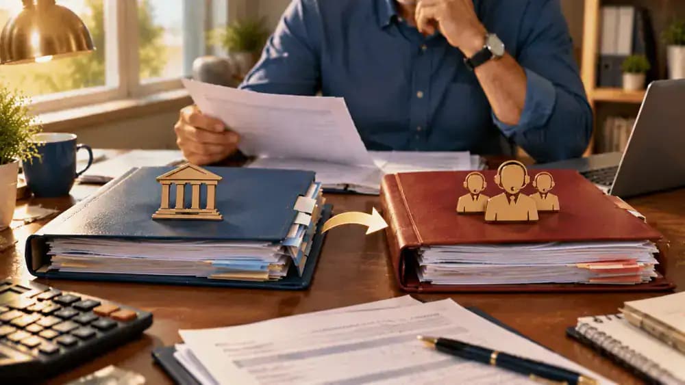 Two separate office folders representing an original lender and a third-party collection agency.