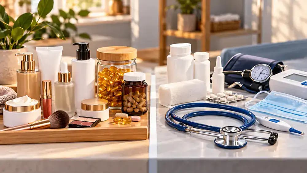 Cosmetic products and vitamin bottles separated from clinical medical equipment.