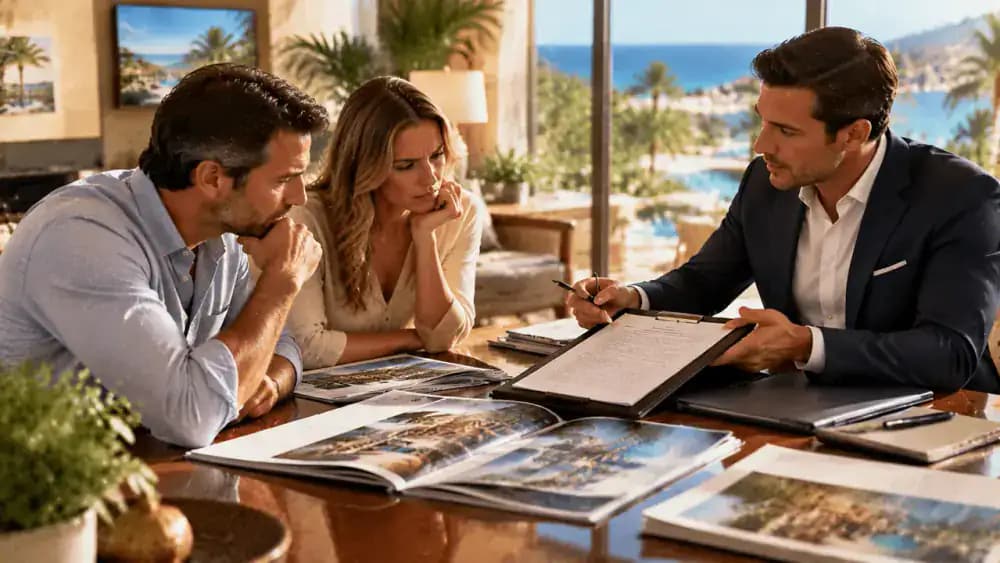 Cautious vacation buyers reviewing a contract during a sales presentation.