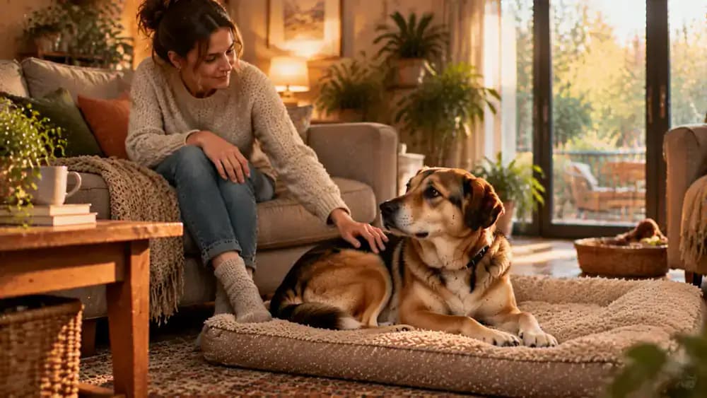 Adult seated on a sofa briefly stroking the shoulder of a newly adopted dog that approached voluntarily, then pausing while the dog decides whether to reconnect.